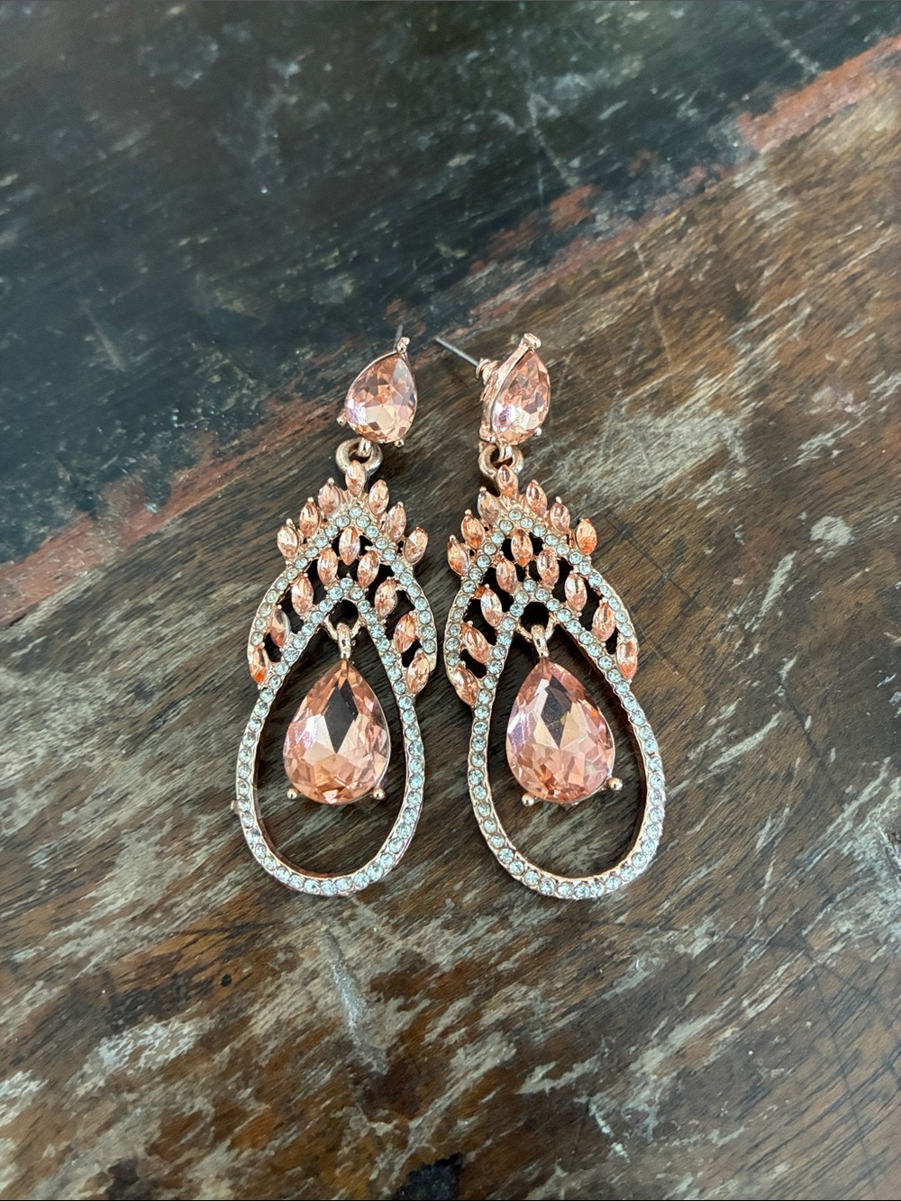 Elegant Rose Gold Teardrop Crystal Dangle Earrings